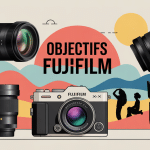 Illustration moderne avec objectifs pour Fuji autour d'un boîtier