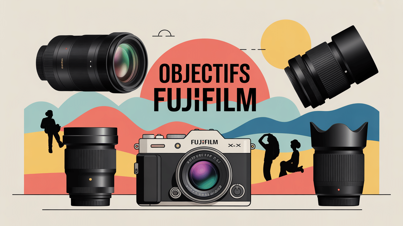 Illustration moderne avec objectifs pour Fuji autour d'un boîtier