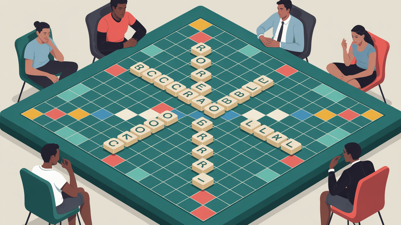 ro au scrabble sur plateau avec joueurs en ambiance compétitive
