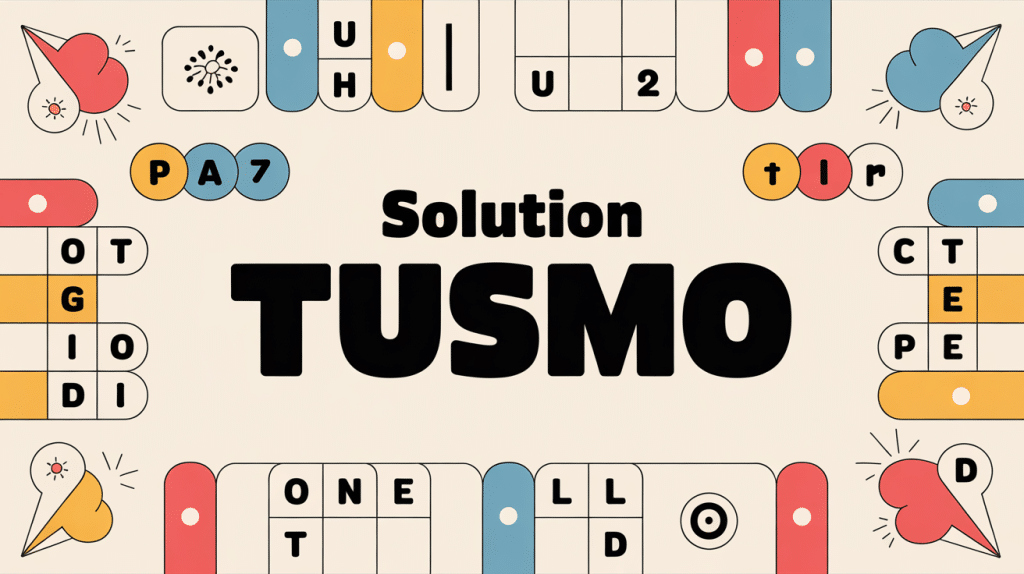 Illustration centrale tusmo solution, jeu de lettres, indices colorés