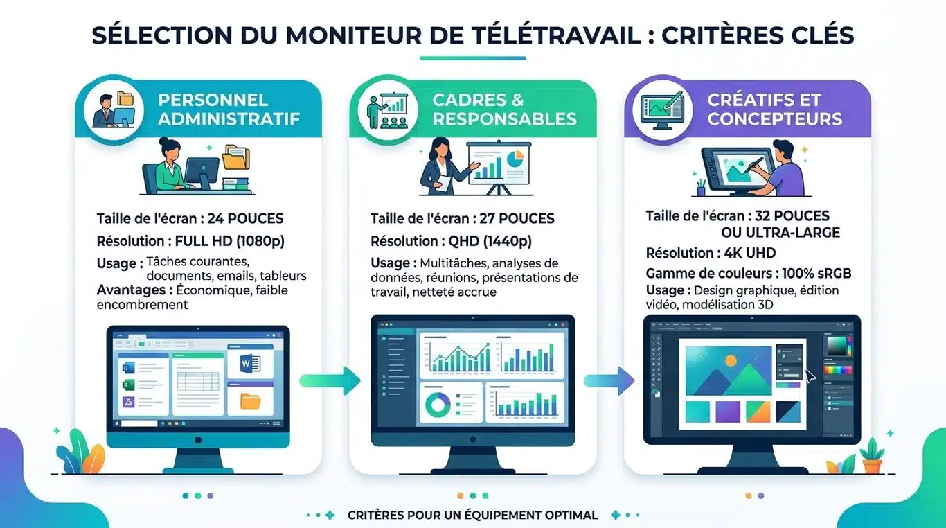 Infographie récapitulative pour choisir son écran de télétravail selon son profil et ses besoins techniques.