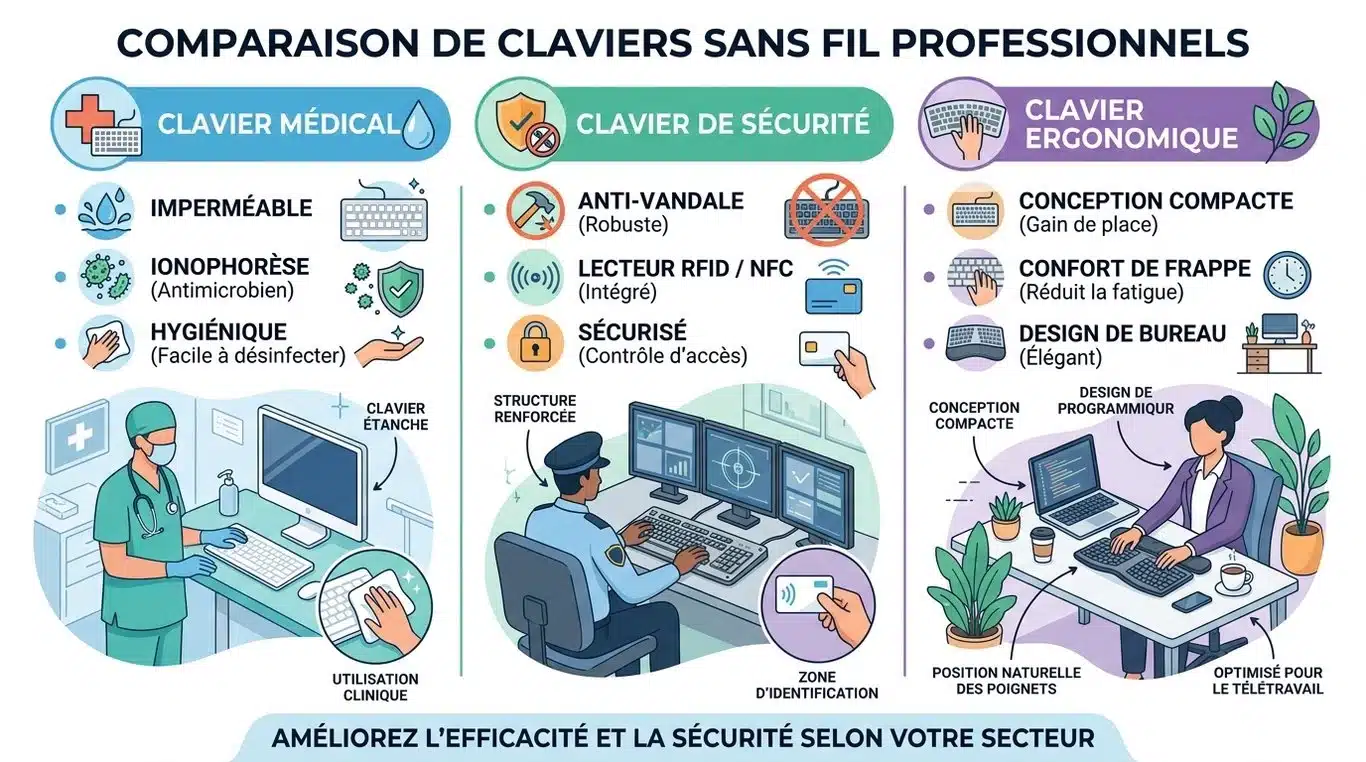 Infographie comparative des usages du clavier déporté : médical, sécurité et ergonomie.