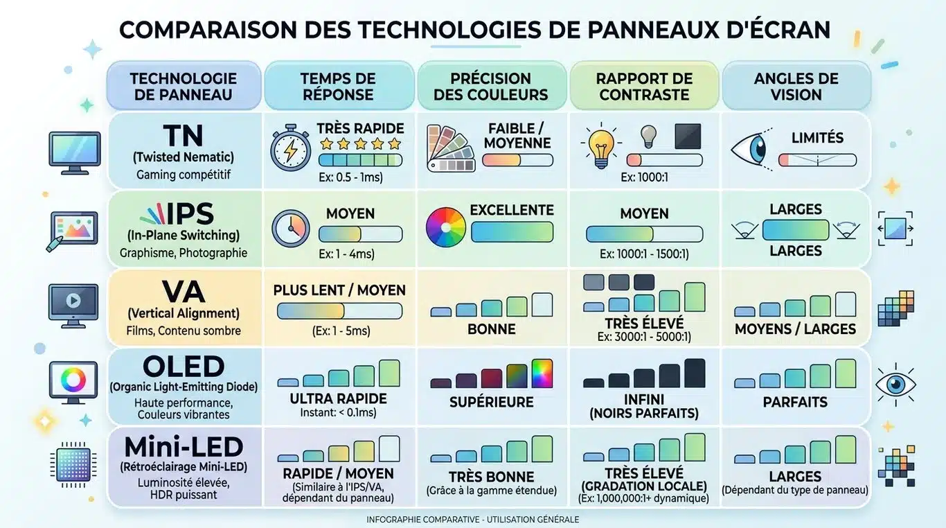 Infographie comparative des technologies de dalles d'écran : TN, IPS, VA, OLED et Mini-LED