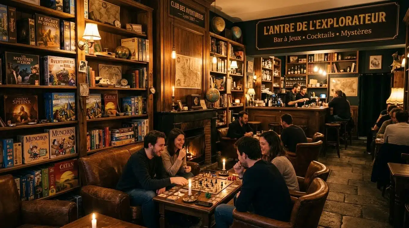 Ambiance immersive du bar à jeux Les Arpenteurs à Lyon