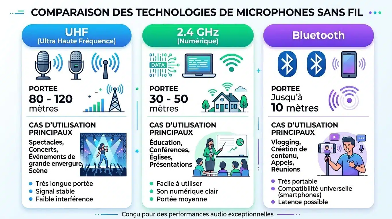 Infographie comparative des technologies de micros serre-tête sans fil : UHF, 2.4 GHz et Bluetooth.