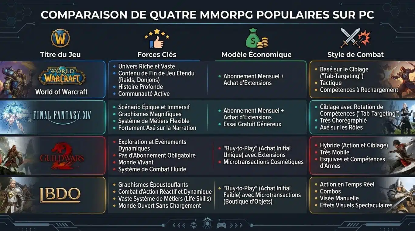 Infographie comparative des meilleurs MMORPG sur PC