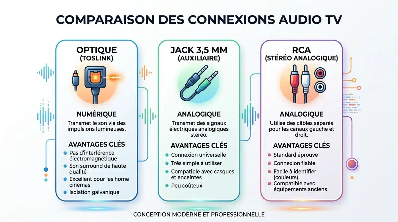 Infographie comparative des connectiques audio pour casque TV : Optique, Jack et RCA
