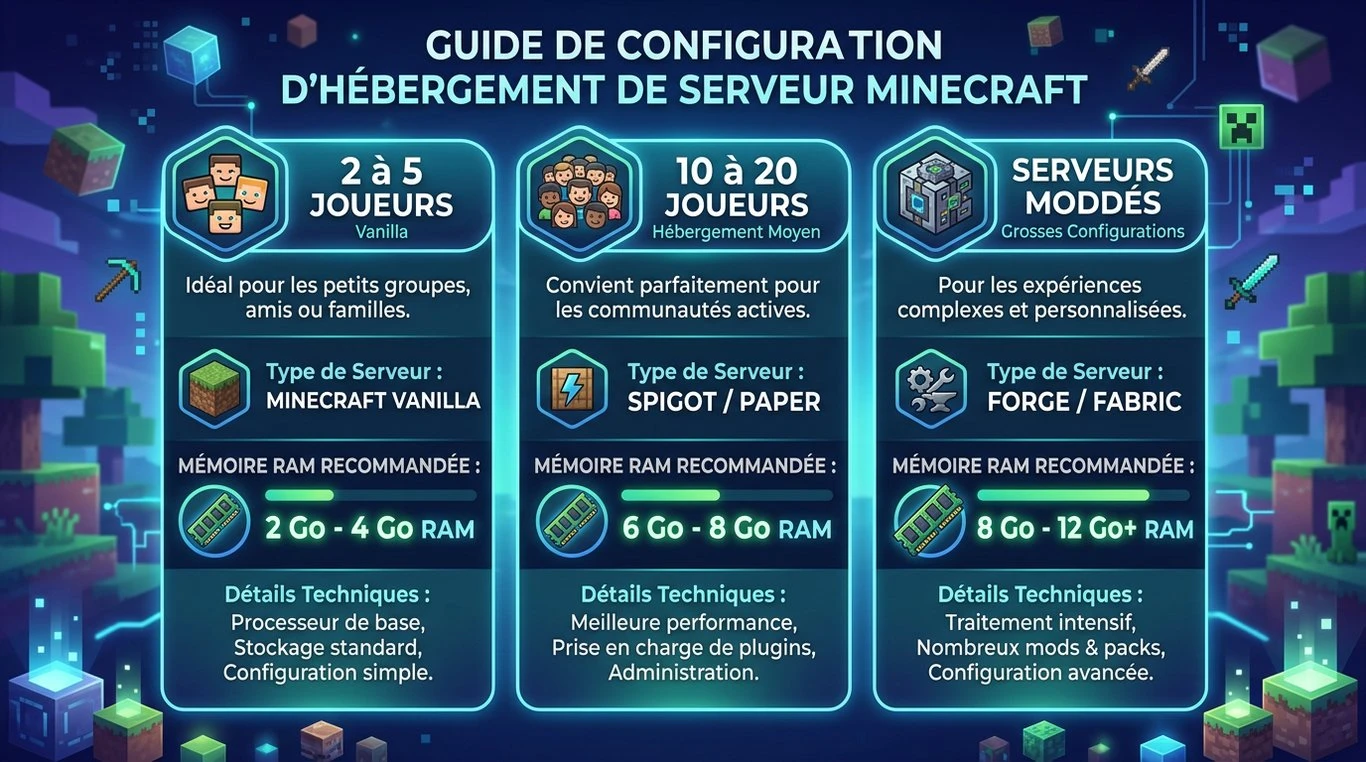 Infographie des recommandations RAM pour serveur Minecraft selon le nombre de joueurs et le type de serveur.