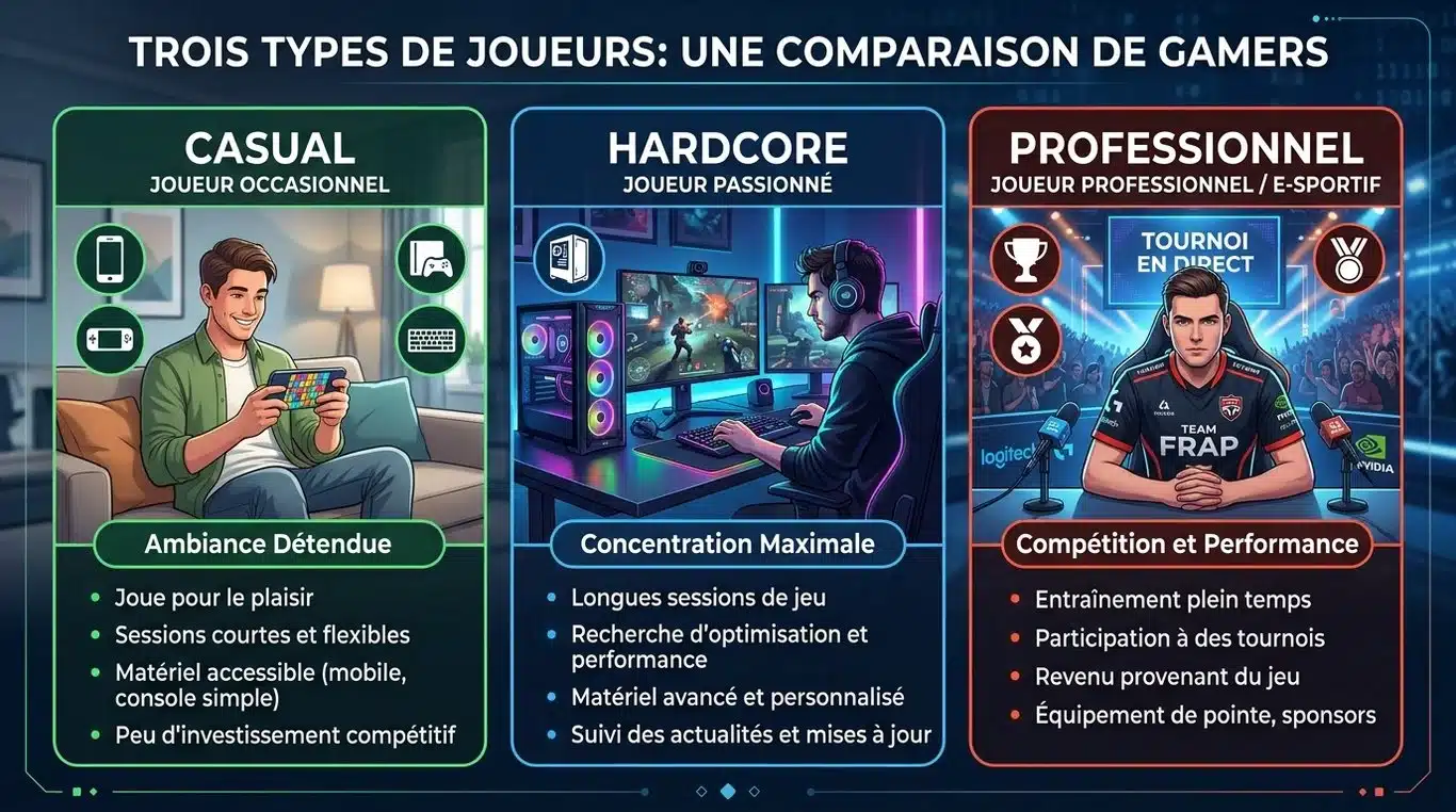 Infographie comparant les profils de joueurs : occasionnel, gamer passionné et joueur professionnel.