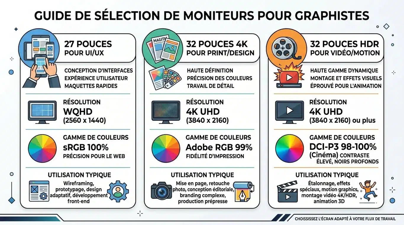 Infographie comparative des écrans pour graphistes : 27 pouces vs 32 pouces selon l'usage