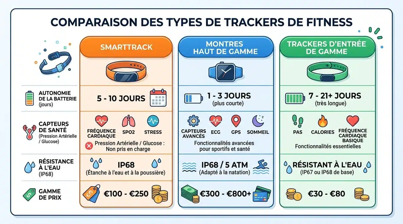Infographie comparative des fonctionnalités et prix des montres connectées SmartTrack