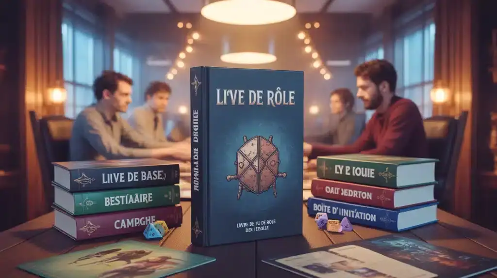 table de jeu avec livre jeu de rôle et joueurs