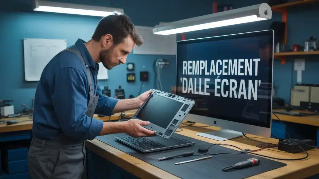 Technicien remplaçant une dalle ecran fissurée