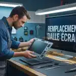 Technicien remplaçant une dalle ecran fissurée