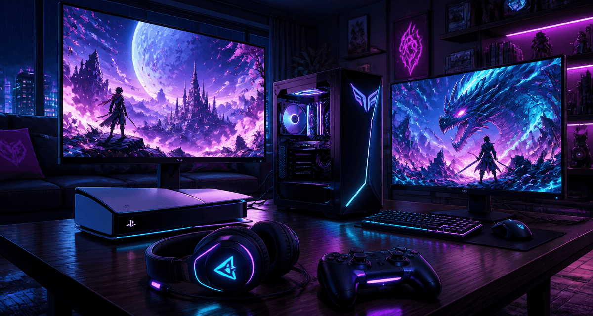 console gaming vs pc côte à côte dans un salon moderne