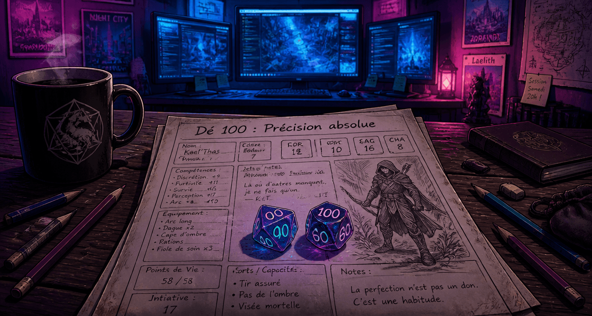 d100 sur fiche de personnage ambiance nocturne