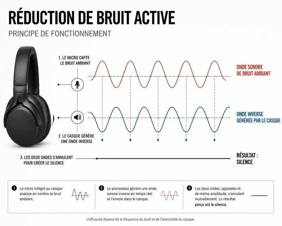 Schéma explicatif du fonctionnement de la réduction de bruit active sur un casque audio