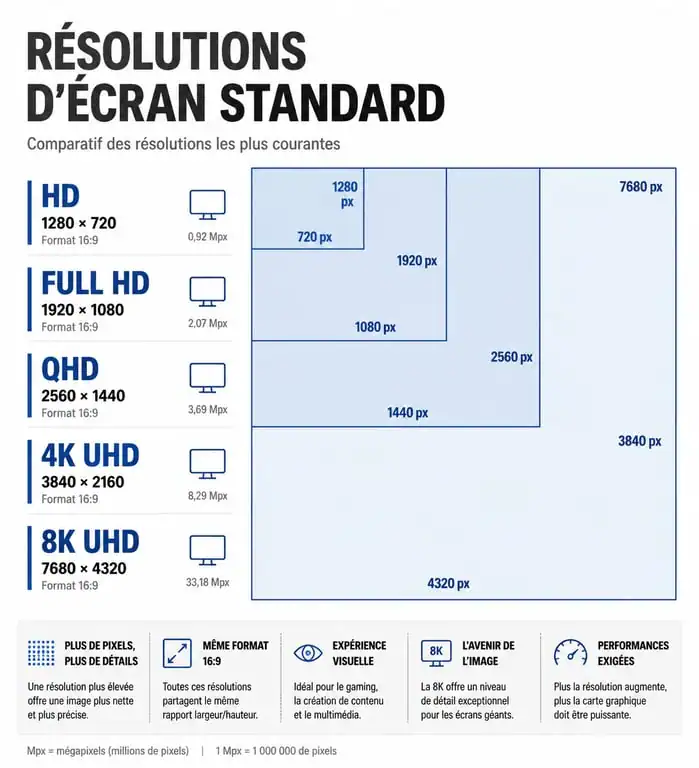 Comparatif des résolutions d'écran standard : HD, Full HD, QHD, 4K et 8K