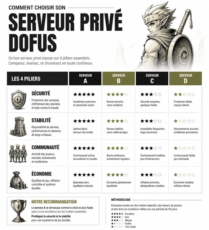 Infographie comparative des critères de choix pour un serveur privé Dofus : sécurité, stabilité, communauté et économie.