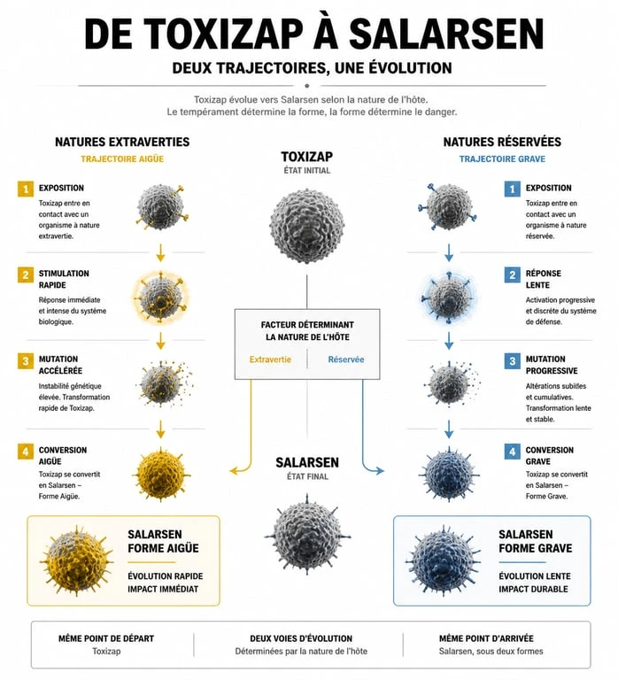 Infographie explicative de l'évolution de Toxizap en Salarsen selon la nature du Pokémon
