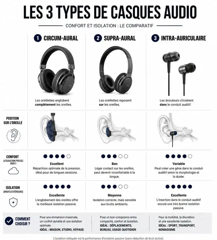 Infographie comparative pour choisir son casque audio : circum-aural, supra-aural et intra-auriculaire