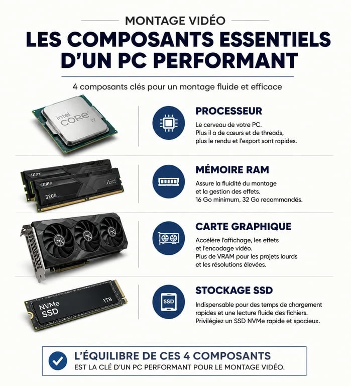 Infographie des composants essentiels d'un PC pour le montage vidéo