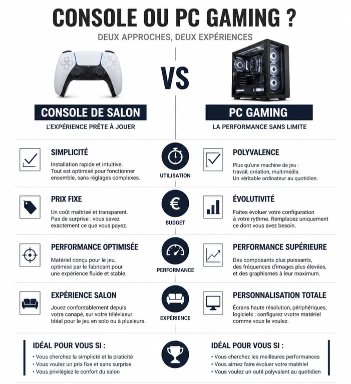 Infographie comparative entre PC gaming et console de jeux pour choisir sa plateforme