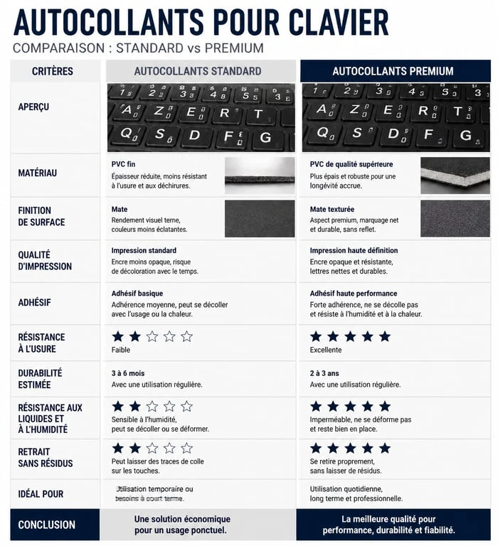 Tableau comparatif des caractéristiques techniques des autocollants clavier AZERTY : entrée de gamme vs qualité premium