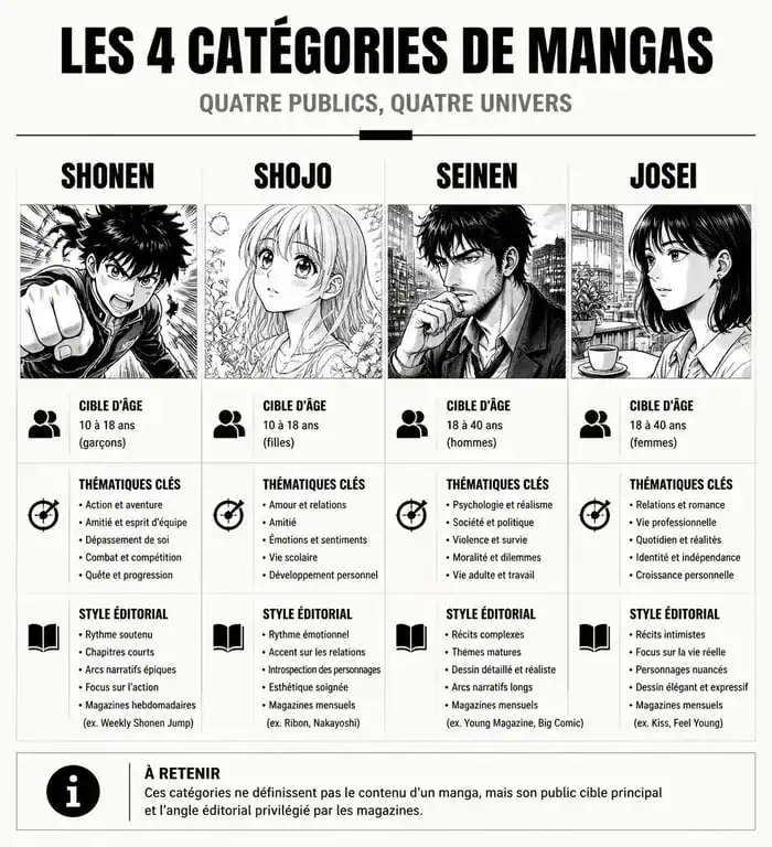 Infographie comparative des catégories de manga : Shonen, Shojo, Seinen et Josei