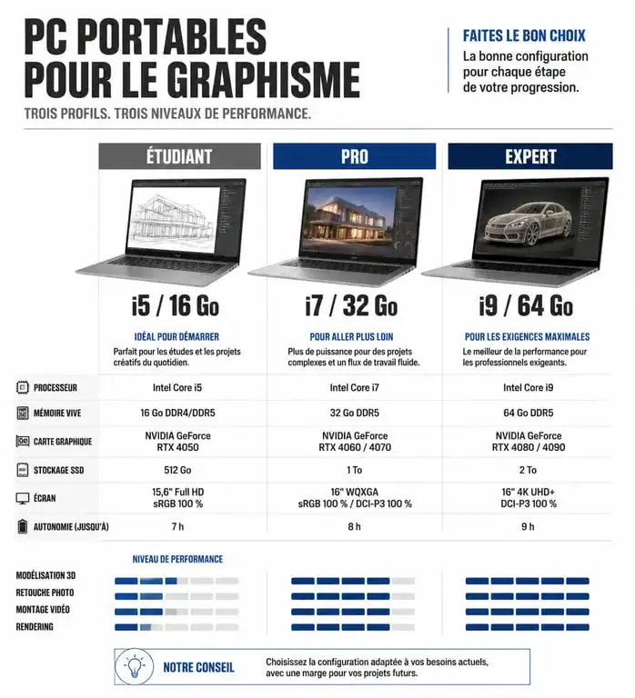 Infographie comparative des configurations PC portable pour le graphisme : étudiant, professionnel et expert