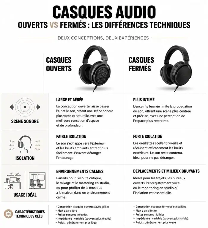 Infographie comparative : casque audio ouvert vs fermé pour choisir le meilleur casque audio haut de gamme
