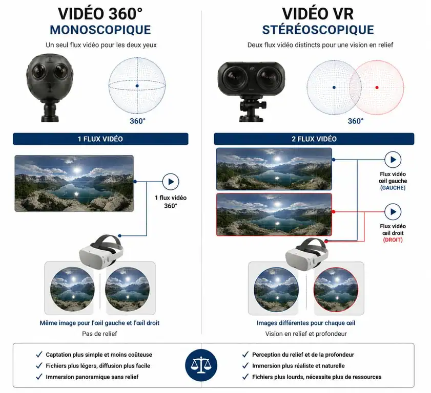 Schéma explicatif de la différence entre vidéo 360 degrés et vidéo en VR stéréoscopique