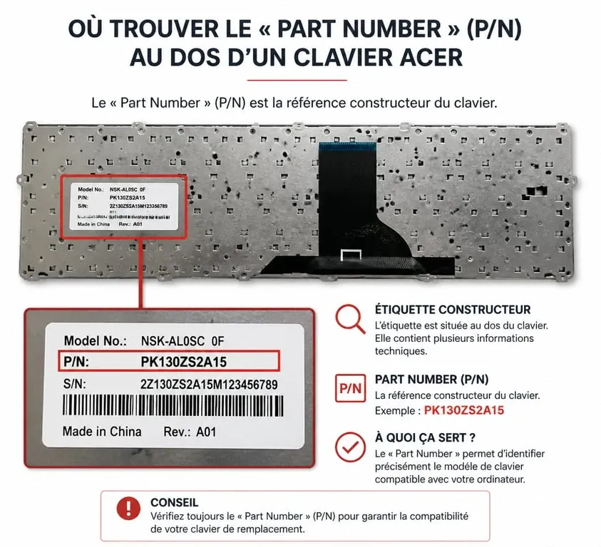 Identification de la référence constructeur P/N sur un clavier pour Acer