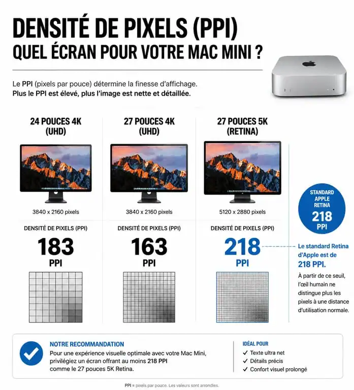 Comparatif densité de pixels PPI écrans pour Mac Mini