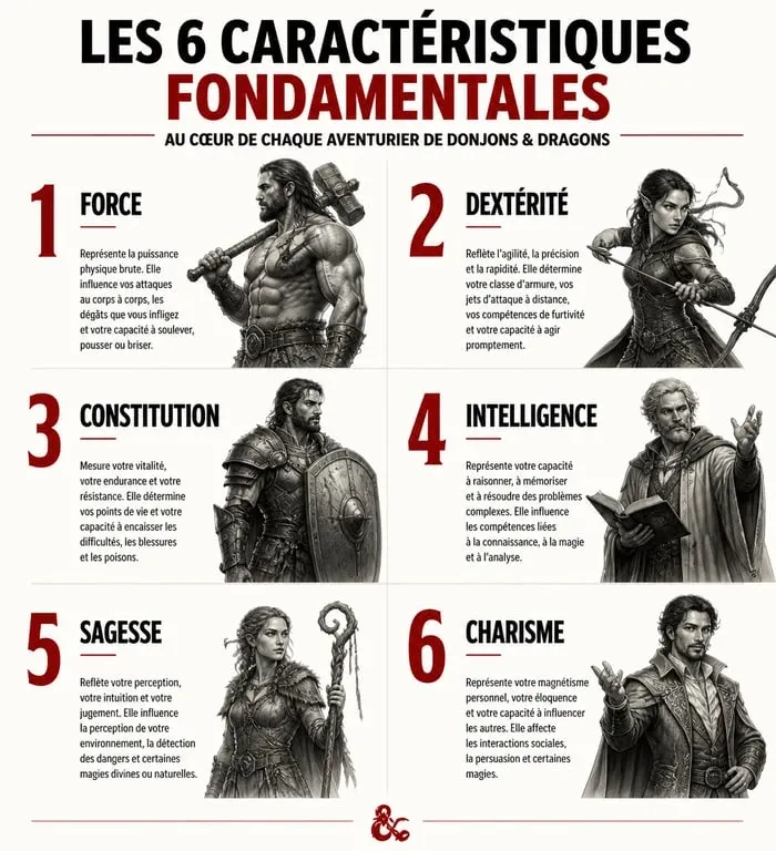 Infographie des six caractéristiques fondamentales d'un personnage de jeu de rôle Donjons & Dragons