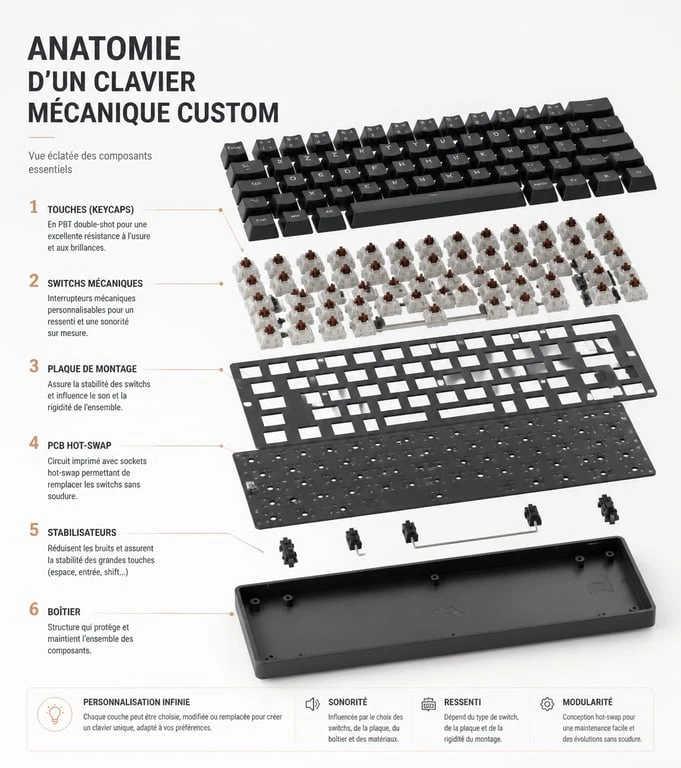Vue éclatée des composants d'un clavier custom azerty mécanique