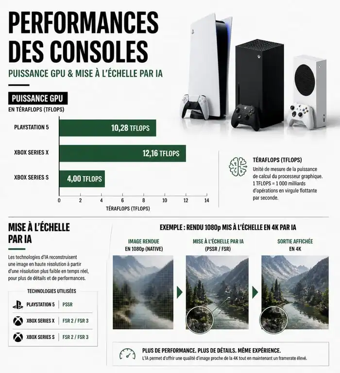 Comparatif technique des consoles de jeu : PS5 Pro, PS5 et Xbox Series X, illustrant la puissance GPU et les technologies d'IA.
