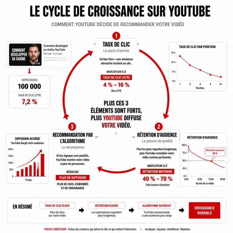 Infographie expliquant comment percer sur YouTube via les métriques de rétention et le taux de clic