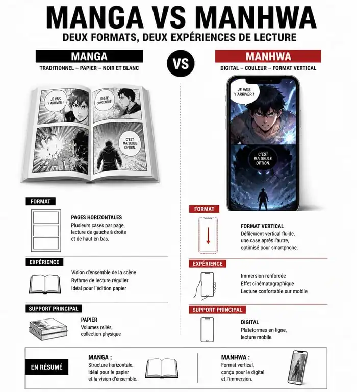 Comparaison visuelle entre le format de lecture d'un manga et d'un manhwa pour comprendre les différences structurelles topmanhwa