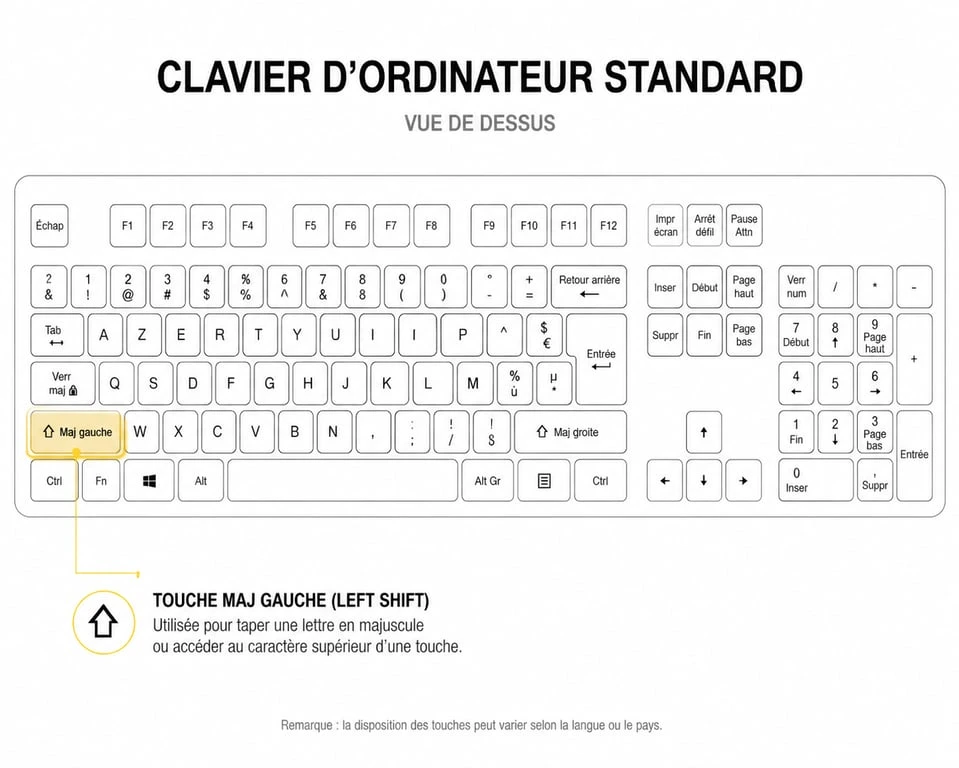 Schéma illustrant l'emplacement de la touche left shift sur un clavier d'ordinateur