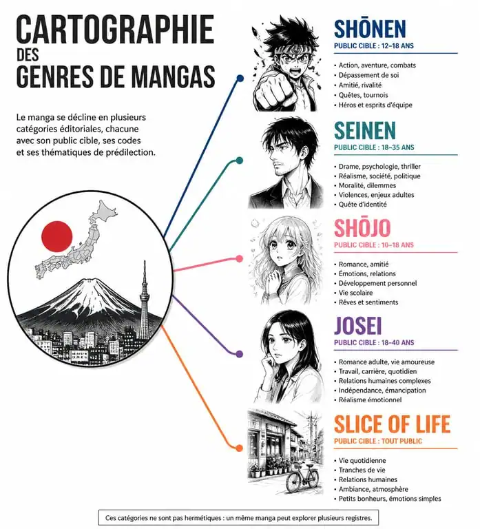 Infographie comparative des genres de mangas pour choisir ses meilleurs mangas