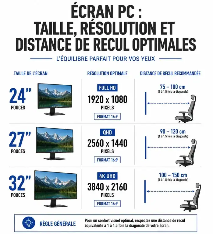 Infographie sur la taille ecran pc et la distance de recul recommandée