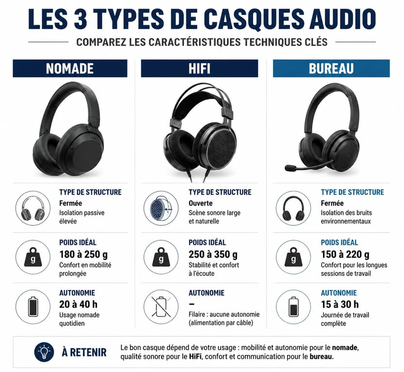 Infographie comparative pour choisir le meilleur casque audio selon son usage