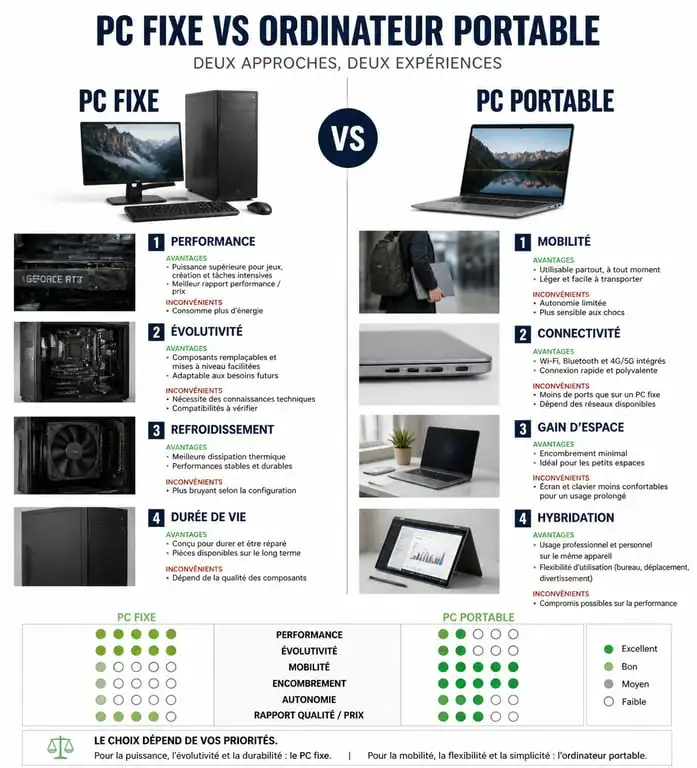 Infographie comparative PC fixe ou portable pour aider au choix d'un ordinateur