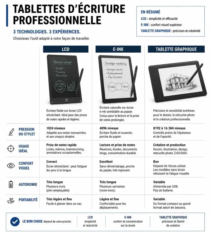 Comparatif des technologies de tablettes d'écriture professionnelle : LCD, E-ink et tablettes graphiques