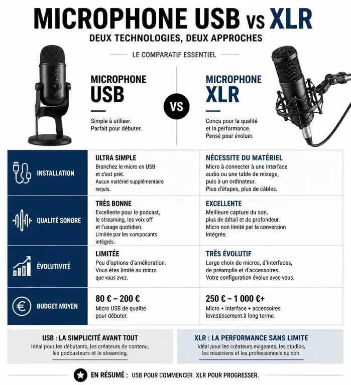 Infographie comparative des microphones USB et XLR pour le streaming