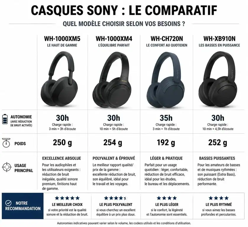 Comparatif des meilleurs casques Sony : WH-1000XM5, XM4, CH720N et XB910N