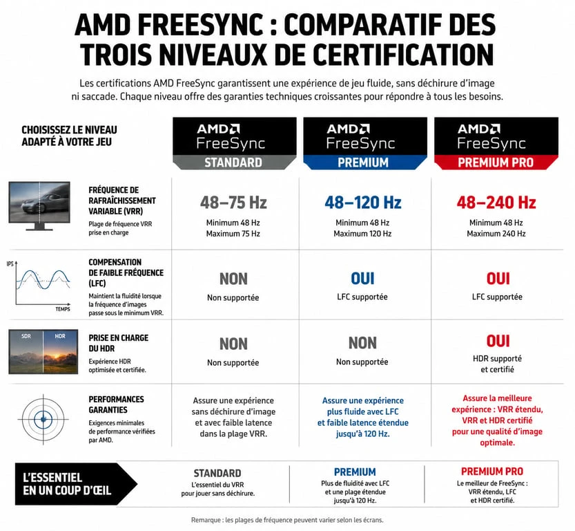 Comparatif des niveaux de certification AMD FreeSync pour écran PC