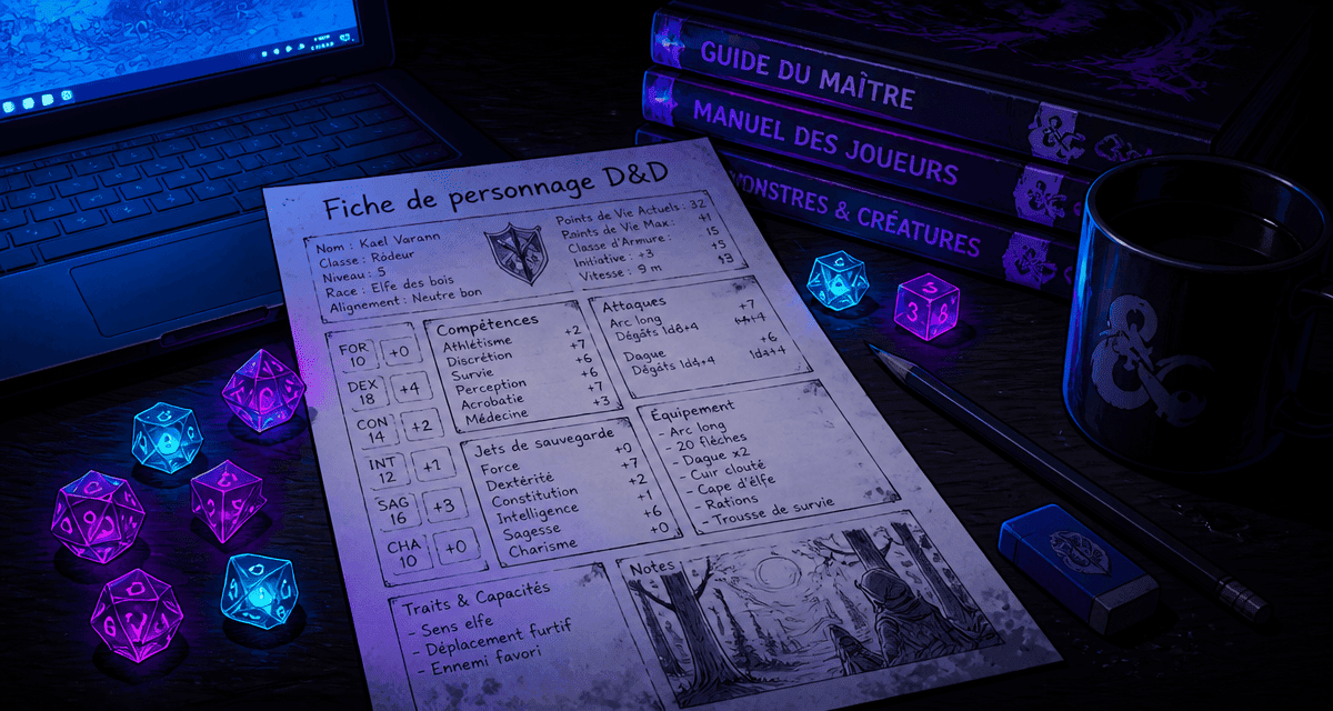 fiche personnage d d manuscrite dés polyédriques