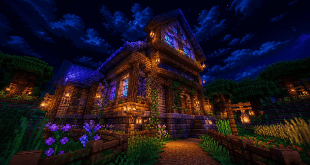 maison minecraft facile en bois façade nuit